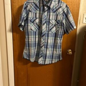 Wrangler Western Blue Plaid Pearl Snap Button Short Sleeve Shirt